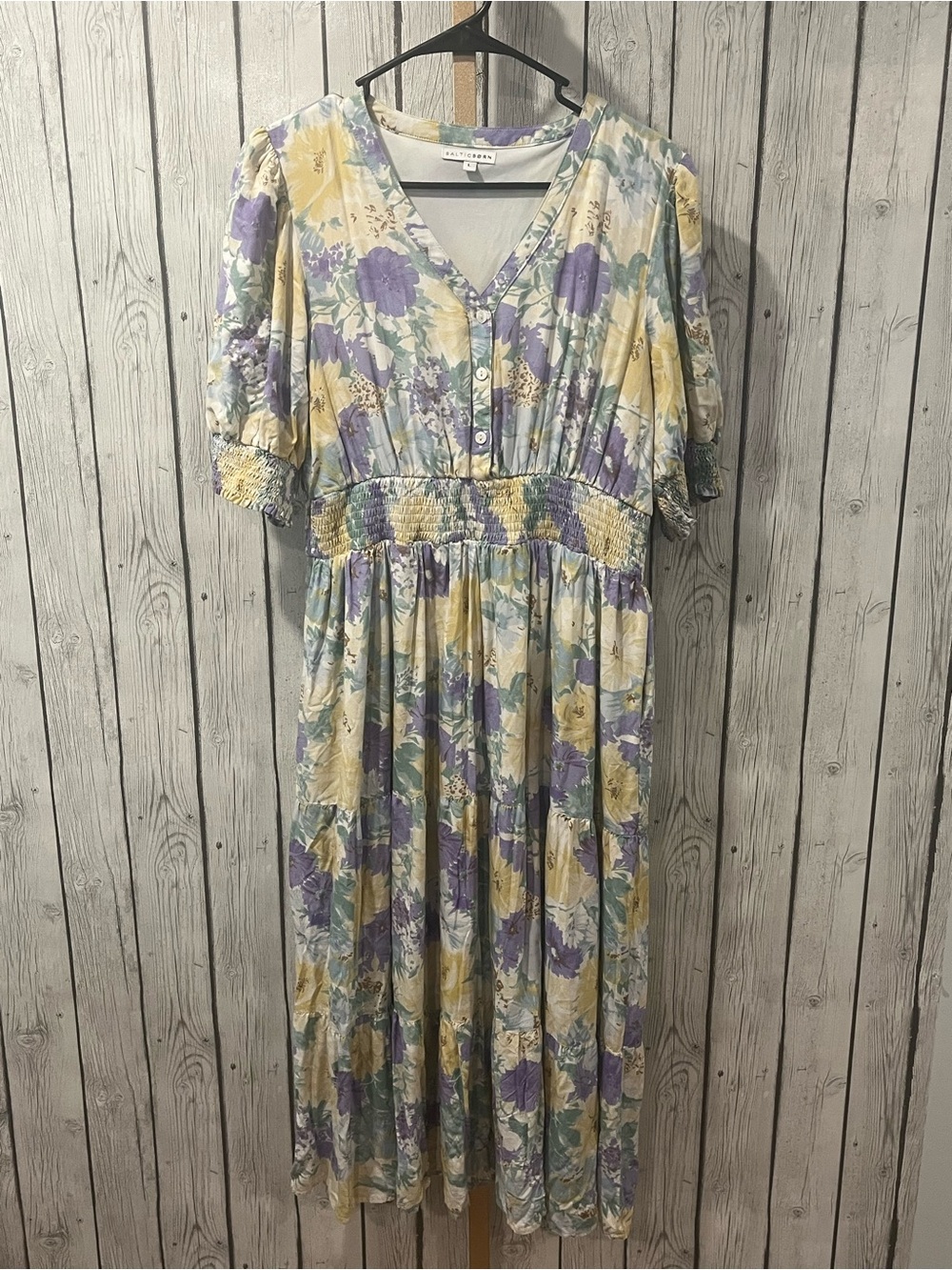Baltic Born Floral Maxi Dress Large Pansy Print V-Neck Smocked Waist - Picture 2 of 9